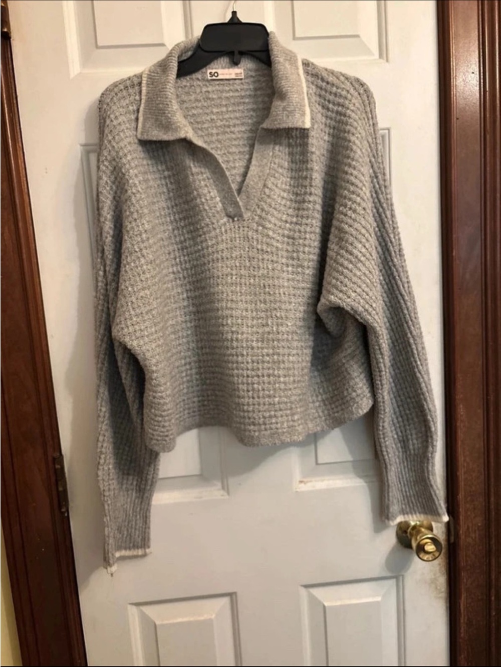 SO Light Grey Waffle Knit V-Neck Collared Sweater